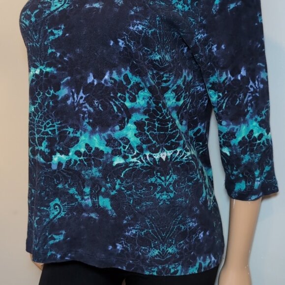 3/$20 Tribal Tye Die Damask Print Top Boho Neckline ¾ Sleeve Jewel Tone Knit - Picture 3 of 9